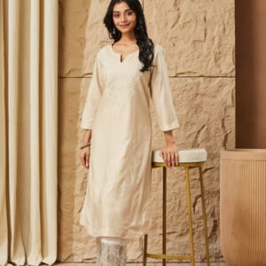 Beige Silk Chikankari Long Kurta