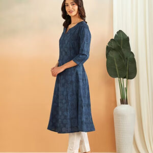 Indigo Cotton Hand Block Print Long Kurta
