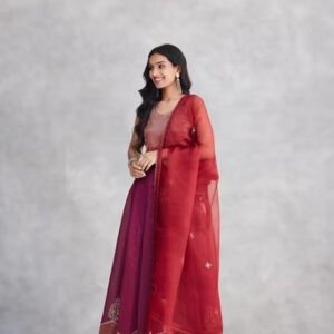 Maroon Cotton Silk Blend Embroidered Slim Fit Choli & Skirt Set