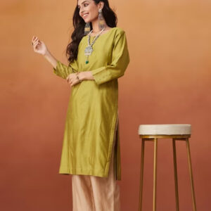 Green Cotton Silk Embroidered Knee Length Kurta