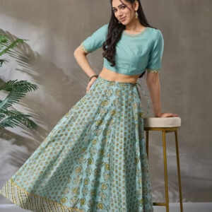 Turquoise Cotton Silk Hand Block Print Slim Fit Choli & Skirt Set